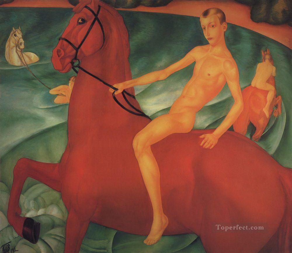 赤い馬の水浴び油絵